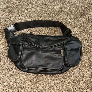 Black Leather Belt Bag with Adjustable Strap